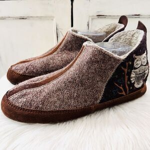 Acorn Brown Wool Sherpa Lined Owl Boho Slip on Ankle Booties - Womens 9.5-10.5